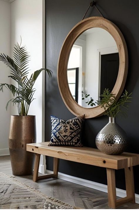 Entry With Round Mirror, Entryway Ideas Boho Modern, Elegant Small Entryway Ideas, Entry Bench And Mirror, Entryway Must Haves, Modern Organic Entryway Ideas, Foyer With Bench Entryway, Bench And Mirror Entryway, Mirror And Bench Entryway