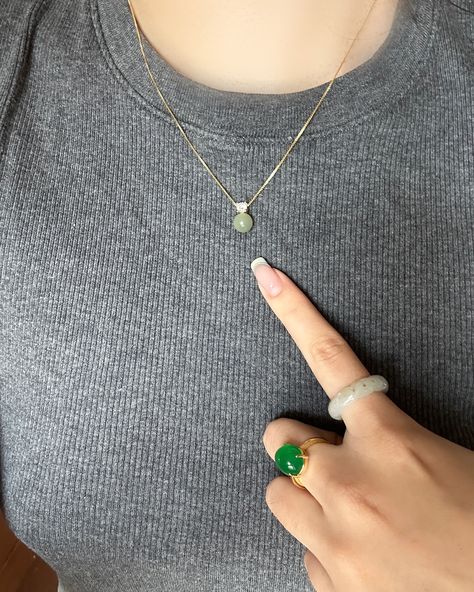 Let jade’s serene green charm elevate your everyday style☀️ #jade #jadering #rings #necklace Rings Necklace, Jade Necklace, Jade Ring, Jade Jewelry, Jade Green, Everyday Style, Scrunchies, Jade, Gold Necklace