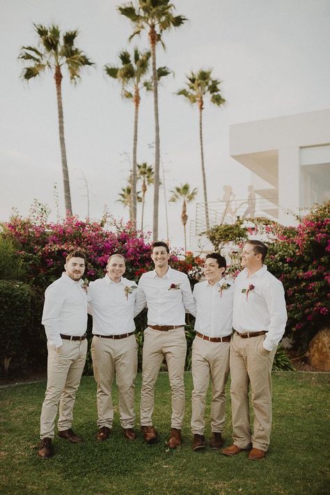 Groomsmen White Shirt Khaki Pants, Groomsmen Tan Pants White Shirt, Tan Groom, Coffee Shop Photoshoot, Mixed Bridesmaid Dresses, Bridesmaid Dresses Color Palette, Shop Photoshoot, Grooms Outfit, Beach Wedding Groom