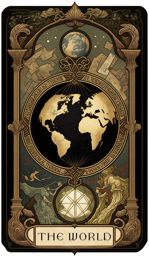 Major Arcana The World, Tarot Cards Arcana, The World Tarot Card Aesthetic, The World Tarot Wallpaper, The World Card Tarot, World Card Tarot, Tarot Art Aesthetic, Tarot Cards Aesthetic Art, The World Tarot Card Art