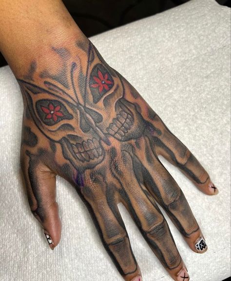 Butterfly Hand Tattoo For Women Black, Skeleton Hand Tattoos Black Women, Hand Tatts Skeleton, Skelton Hand Tattoo Girl, Female Skull Hand Tattoo, Butterfly Skeleton Hand Tattoo, Skelton And Hand Tattoo, Butterfly Skull Hand Tattoo, Butterfly Hand Tattoo Men