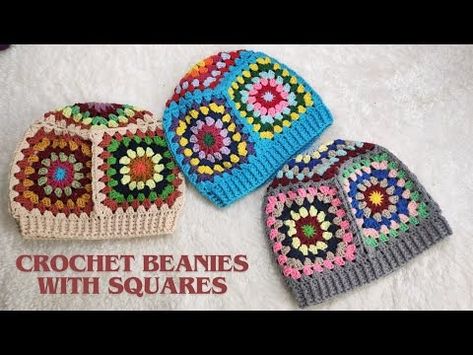 CROCHET BEANIE WITH GRANNY SQUARES | HOW TO CROCHET A BEANIE EASY AND BEGINNER FRIENDLY PATTERN - YouTube Granny Square Beanie, Crochet A Beanie, Square Beanie, Cappello Cloche, Crochet Circle Pattern, Crochet Caps, Beginner Friendly Crochet, Crochet Beret, Crochet Cap