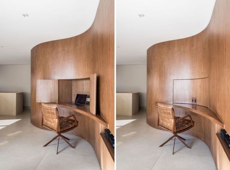 Next to the curved wall is the staircase to the bedroom floor. Originally, it was an old spiral staircase with a marble finish and no handrail. To update the stair and make it safe, the architects crafted railing from MDF board and extended it up and around the staircase opening. Curved Wall, Curved Wood, Curved Walls, House 2, Family House, Interior Inspo, 인테리어 디자인, Interior Design Inspiration, Wood Paneling