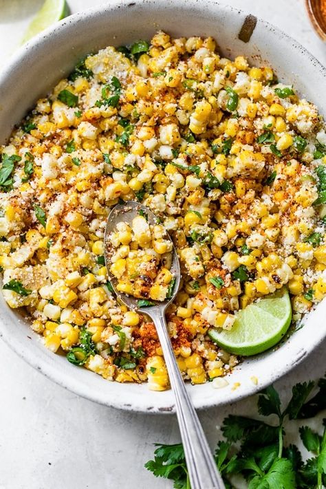 Grilled Corn Salad is inspired by Mexican street corn (elote) and made with chili- lime seasoning, scallions, and cotija cheese with no mayo. Mexican Street Corn Elote, Corn Elote, Quinoa Salads, Lime Seasoning, Mexican Corn Salad, Green Salads, Side Salads, Grilled Corn Salad, Chili Lime Seasoning