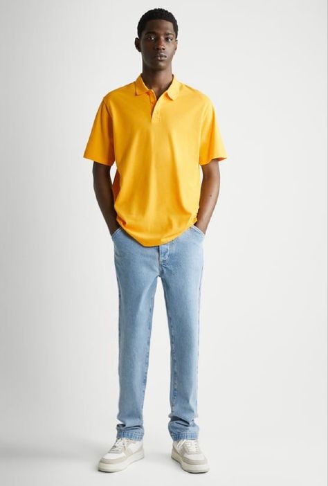 Polo Shirt Outfit Men, Yellow Tshirt, Polo Shirt Outfits, Yellow Guy, Shirt Outfit Men, Collar Polo Shirt, Zip Polo, Outfits For Men, Stylish Men Casual