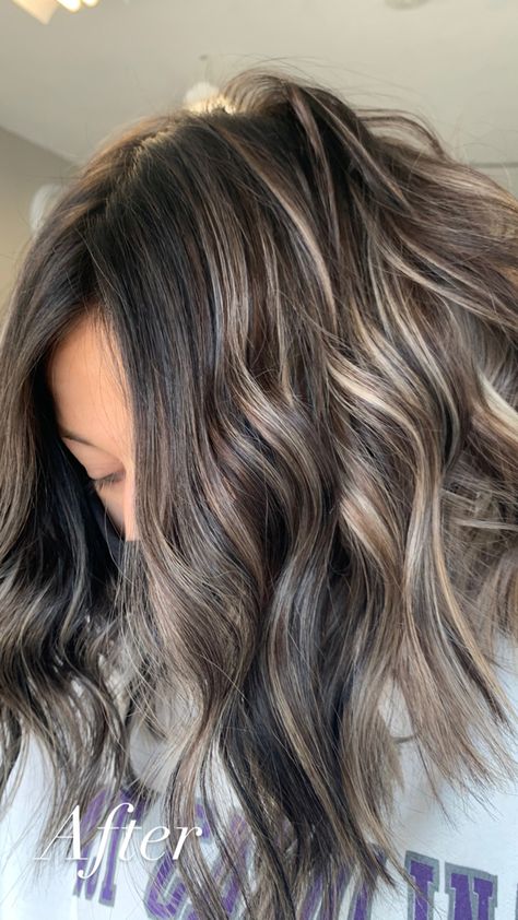 Summer Highlights On Dark Hair, Dark Hair With Baylage, Fall Hair For Light Skin Tone, 2023 Hair Highlight Trends, Smokey High Contrast Hair, Growing Out Gray Hair From Brown, Ash Brown Hair Color With Highlights, Brown Hair Ash Highlights, Dark Brown To Ash Blonde Balayage