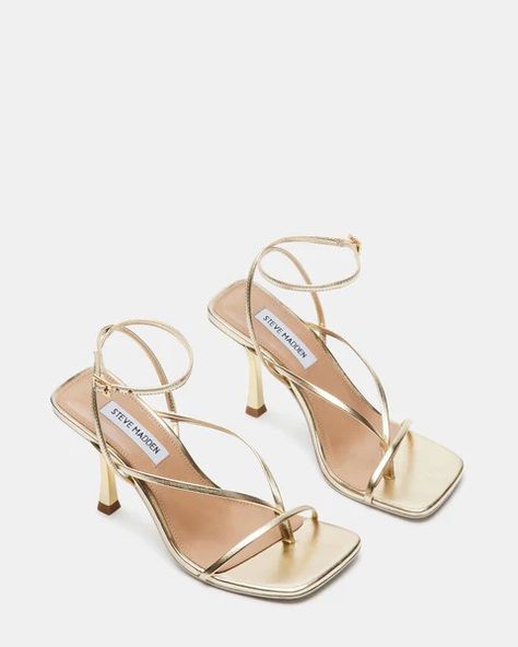 ANNIE Champagne Strappy Heel | Women's Square Toe Heel – Steve Madden Hoco Heels, Hoco Shoes, Bridesmaids Heels, Champagne Heels, Gold Strappy Heels, Heels Prom, Prom Heels, Steve Madden Heels, 22nd Birthday