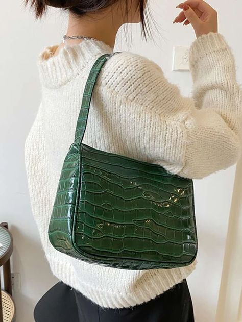 Croc Embossed Large Capacity Square Bag | SHEIN USA Green Purse Outfit, Green Bag Outfit, Dark Green Pattern, Shoulder Bag Outfit, Purse Outfit, High Heels Classy, Ombre Fashion, Green Purse, Hot Bags