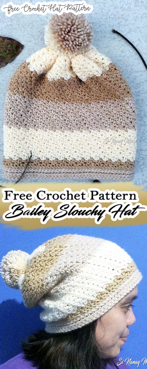 Bailey slouchy hat Crochet Hats Patterns, Crochet Directions, Pompom Maker, Crocheted Beanies, Slouch Hats, Crochet Adult Hat, Crochet Beanies, Foundation Single Crochet, Stitches Crochet