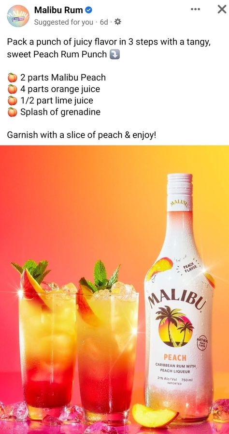 Strawberry Malibu, Malibu Recipes, Malibu Mixed Drinks, Peach Rum, Malibu Rum Drinks, Rum Drinks Recipes, Malibu Drinks, Mommy Juice, Fun Drinks Alcohol