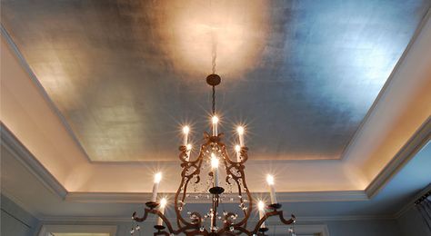 Joie de Design's Blog: Paint It to Perfection Metallic Ceiling, Ceiling Detail, Ceiling Treatments, Tray Ceiling, Guest Bathrooms, Metal Ceiling, Wall Finishes, Functional Decor, Painted Ceiling