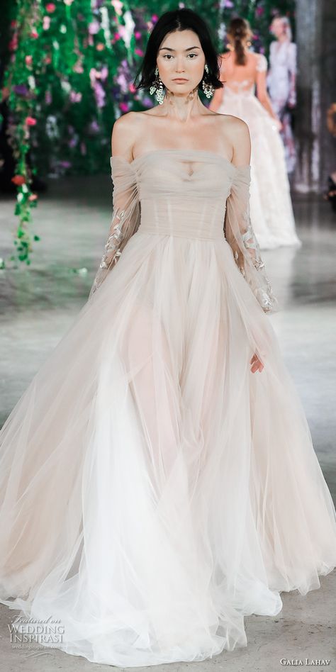 galia lahav fall 2018 bridal long sleeves off the shoulder ruched bodice romantic blush color a  line wedding dress (7) mv -- Galia Lahav Couture Fall 2018 Bridal Runway Show Bridal Runway, 파티 드레스, Galia Lahav, Night Wedding, Cooler Look, Princess Wedding Dresses, Fall Wedding Dresses, Best Wedding Dresses, Runway Show