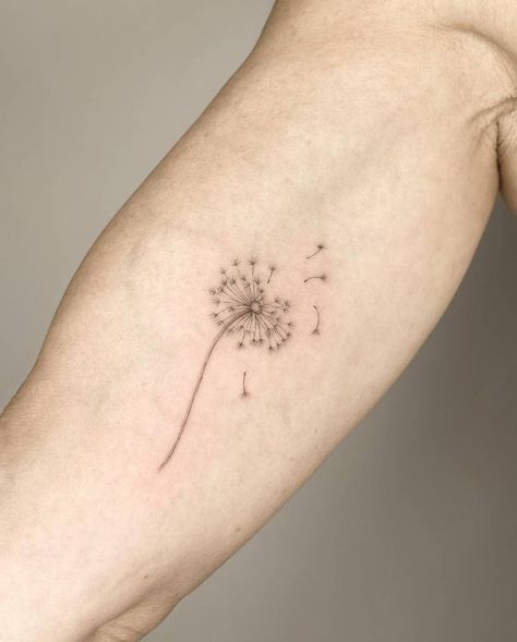 Dandelion Tattoo On Arm, Dandelion Freedom Tattoo, Dandelion Flower Tattoo Small, Inner Arms Tattoo Women, Dandelion Arm Tattoos For Women, Dandelion Tattoo Linework, Let Go Dandelion Tattoo, Dandelion Tattoo With Dragonflies, Letting Things Go Tattoo