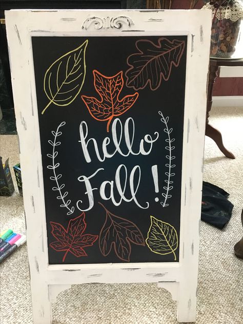 Fall Chalkboard Sign Chalkboard Ideas For Fall, Hello Fall Chalkboard Sign, Fall Restaurant Chalkboard, Boutique Chalkboard Signs Fall, Chalkboard Art For Fall, Fall Sandwich Board Ideas, Fall Themed Chalkboard, Fall Chalkboard Ideas Easy, Retail Chalkboard Signs