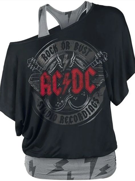 Hijab Sport, Crop Top Styles, Acdc Shirt, Wonder Woman Logo, Band Shirts, Edgy Outfits, Ac Dc, Batwing Sleeve, Back To Black