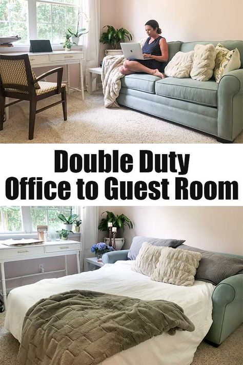 Have your space do double duty with a sleeper sofa that transforms a cozy office into a guest room in minutes! Home Office With Sofa, Guest Bedroom Office Combo, Sofa Bed Guest Room, Studio In Casa, Bedroom Office Combo, Spare Room Office, Guest Room Office Combo, Spare Bedroom Office, Home Office Guest Room Combo