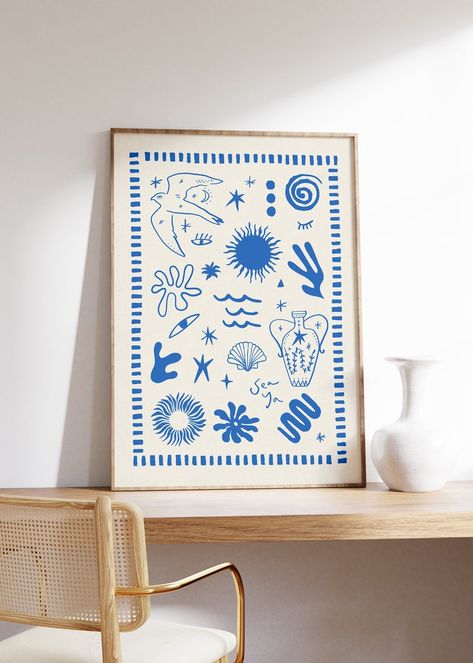 Mediterranean Wall Art Greece Print, Blue Aesthetic Doodle Print, Blue & White Greek Summer Print, Greece Poster Abstract Blue Beach Decor - Etsy UK Mediterranean Abstract Art, Greece Painting Aesthetic, Greece Doodles, Greek Doodles, Greek Room Decor, Mediterranean Graphic Design, Greek Aesthetic Art, Wall Art Doodle, Greek Poster