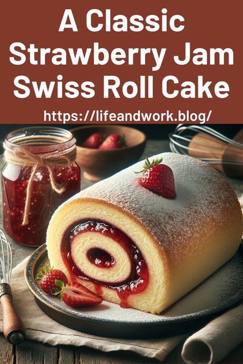 A Classic Strawberry Jam Swiss Roll Cake Jam Swiss Roll Recipe, Jelly Roll Sponge Cake Recipe, Strawberry Swiss Roll Cake, Jam Roll Recipe, Strawberry Jelly Roll Cake, Swiss Cake Roll Recipe, Strawberry Swiss Roll Cake Recipe, Jelly Roll Cake Recipe, Strawberry Jam Cake Recipe