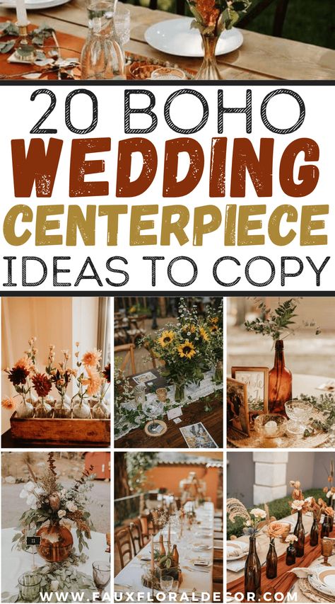 20 Boho Wedding ceremony Centerpiece Concepts That Are Easy And Gorgeous Check more at https://howcandothis.com/weddingideas/20-boho-wedding-ceremony-centerpiece-concepts-that-are-easy-and-gorgeous/ Boho Themed Wedding Shower Ideas, Fall Country Centerpieces, Fall Color Centerpieces Wedding, Diy Reception Table Decorations, Bohemian Wedding Decorations Receptions, Boho Wedding Table Centerpieces Diy, Fall Boho Wedding Table Centerpieces, Boho Table Centerpieces For Party, Center Piece Wedding Fall