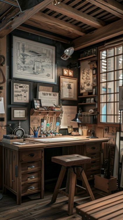 Art Desk Aesthetic, Vintage Office Design, Vintage Office Space, Modern Wooden Desk, Whiskey Room, Rustic Home Offices, Design Studio Workspace, Productive Work, Man Cave Room