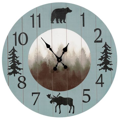 Living Room Decor Outdoor Theme, Moose Home Decor, Laser Engraved Clock, Painted Clock Ideas, Rustic Clock Wall Decor, Cabin Theme Living Room, Cabin Decor Diy, Cabin Living Room Decor, Rustic Clocks