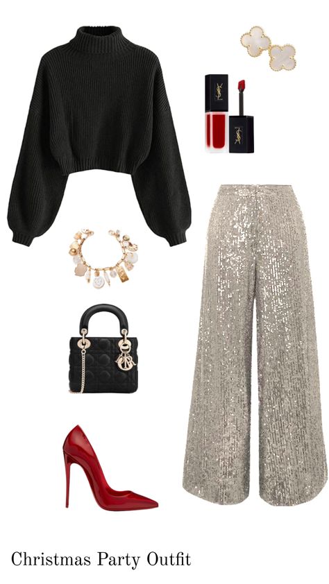 Christmas Party Outfit: champagne pants, black sweater and red pumps Corporate Holiday Party Outfit, Office Christmas Party Outfit, Office Holiday Party Outfit, Christmas Fashion Outfits, Office Christmas Party, Trouser Outfit, Christmas Party Outfit, Red Pumps, Holiday Party Outfit