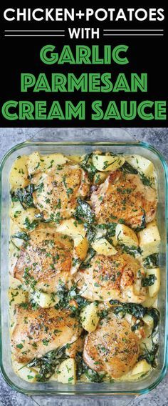 Chicken and Potatoes with Garlic Parmesan Cream Sauce - Crisp-tender chicken baked to absolute perfection with potatoes and spinach. A complete meal in one! Potatoes Parmesan, Garlic Parmesan Cream Sauce, Dinner Potatoes, Potatoes And Spinach, Sunday Dinner Ideas, Chicken Baked, Parmesan Cream Sauce, Chicken And Potatoes, Parmesan Chicken