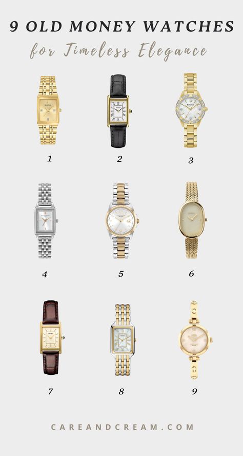 Discover 9 timeless old money watches for elegant women! Embrace the vintage watch aesthetic and classy, chic styles that epitomize old money watch aesthetic. Perfect for those who love timeless fashion, these affordable womens watches are simply sophisticated. Old money watches women, classy watch, old money style. Timeless Womens Watch, Old Money Style Watch, Elegant Woman Watch, Must Have Luxury Items Women, Woman Watches Aesthetic, Outfits With Watches Women, Old Money Aesthetic Watch, Classy And Elegant Aesthetic, Womens Watch Aesthetic