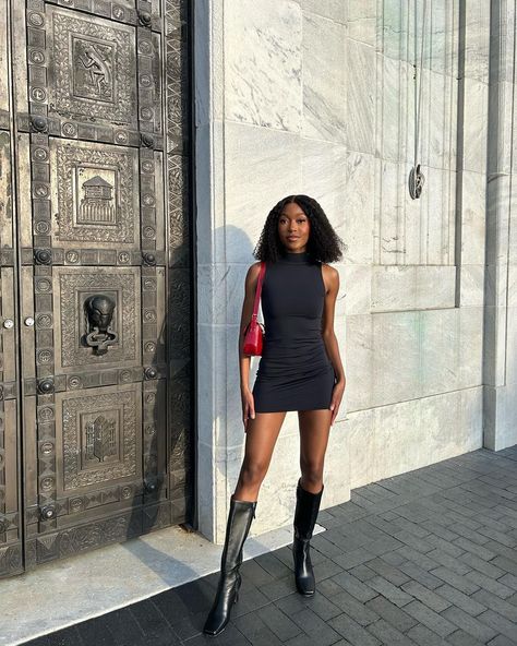 Brittany ✨ | mini dress + knee high boots combo >>> - - - - - - chic fall outfits, fall fashion 2023, fall outfit inspiration, knee high boots, street... | Instagram Mini Dress Tall Boots, Knee High Boots Mini Dress, Tall Boots And Skirt Outfit, Short Dress Long Boots, Mini Dress And Boots Outfit, Mini Dress Knee High Boots, Knee High Boots Outfit Party, Sneaker Boots Outfit, Dress Knee High Boots