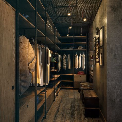 Industrial Style Dressing Room, Modern Industrial Closet, Aesthetic Industrial Bedroom, Industrial House Small, Industrial Closet Design, Industrial Black Bedroom, Industrial Bedroom Moodboard, Industrial Style Closet, Industrial Cozy Bedroom