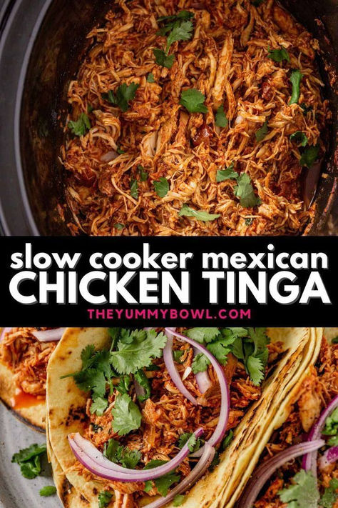 This chicken tinga recipe is a traditional Mexican dish made with shredded chicken in a spicy tinga sauce that can be served in corn tortillas (or flour tortillas) or burrito bowls with fresh cilantro, Cotija cheese, creamy avocado, sour cream, and a squeeze of fresh lime juice. Make this chicken tinga for filling tacos for a tasty lunch or dinner. Try this chicken recipe today! Mexican Chicken Tinga, Crockpot Mexican Chicken, Avocado Sour Cream, Tinga Recipe, Chicken Tinga Recipe, Fiesta Food, Slow Cooker Mexican Chicken, Spicy Chicken Tacos, Slow Cooker Mexican