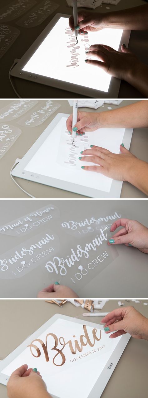 Weed your Cricut Iron-on designs over the Cricut BrightPad! Cricut Wedding Projects, Silhouette Cameo Projects Beginner, Diy Bridal Party, Diy Bridesmaid Gifts, Cricket Crafts, Circuit Crafts, Wedding Tumblers, Cricut Wedding, Foto Transfer