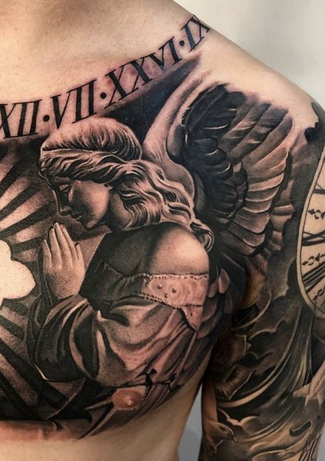 Chest Tattoo Angel, Chest Piece Tattoo, Angle Tattoo, Full Chest Tattoos, Guardian Angel Tattoo, Only Angel, Half Sleeve Tattoos Drawings, Statue Tattoo, Men Tattoos