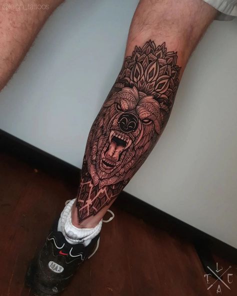 Credit to @leigh_tattoos Mosiac bear and mandala calf piece . 🏠@grimoiretattoo_ 🔸️For all bookings and enquiries, please contact me DM, at my business pages. 🔹️Facebook: /leighstca 🔹️@leigh_tattoos 🔹️@leigh_tattoos2 . 🔸️Sponsored by: 🔹️@heliostattoo 🔹️@h2oceanloyalty . ▪️@empireinks ▪️@fkirons ▪️@electrumsupply ▪️@sullenclothinguk ▪️@killerinktattoo ▪️@d_world_of_ink . #calftattoo #legtattoo #bear tattoo #mandala #mandalatattoo #dotwork #guyswithink #empireinks #calftattoo #legtattoo Men’s Calf Tattoo, Calf Tattoos For Guys, Aurora Tattoo, Calf Tattoo Men, Mayan Tattoos, Egyptian Tattoo Sleeve, Tattoo Mandala, Bear Tattoos, Back Tattoos For Guys