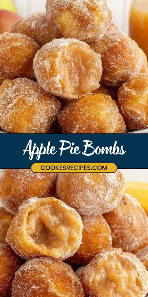 Apple Pie Bombs are a delightful treat, combining the warm, spiced flavors of apple pie with the crispy, golden goodness of deep-fried biscuit dough. These bite-sized delights are perfect for satisfying your sweet tooth! Apple Pie Cloud Dough, Deep Fried Pumpkin Pie, Apple Pie Treats, Easy Fried Apple Pies With Biscuits, Popeyes Apple Pie Recipe, Fried Pumpkin Donuts Recipe, Deep Fried Cookies, Apple Pie Balls, Fried Apple Pies With Biscuits