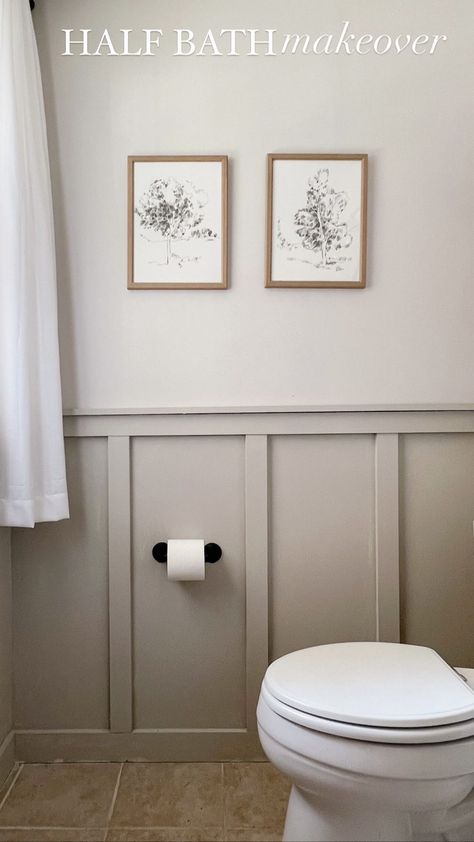 HALF BATH MAKEOVER REVEAL! Can you belive this before and after? We gifted my in-laws a makeover of their half bath for christmas and… | Instagram Sage Green Bathroom Board And Batten, Half Batten Wall, Half Bath Modern Decor, Bathroom Wall Batten, Half Bath Waynes Coating, Batten Bathroom Walls, White Board And Batten Powder Room, Batten Board Half Bath, Batten Board Half Wall