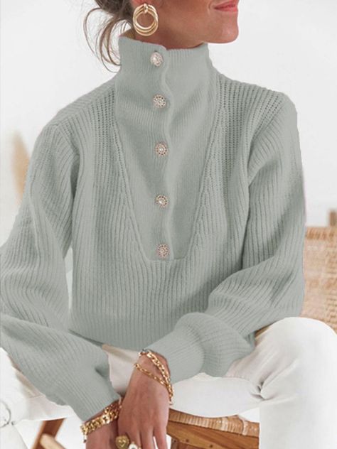 stylewe | stylewe Plain Sweaters, Patchwork Top, Button Sweater, Long Sleeve Knit Sweaters, Casual Everyday, Jumper Sweater, Jumpers For Women, Long Sleeve Knit, Women Pullover