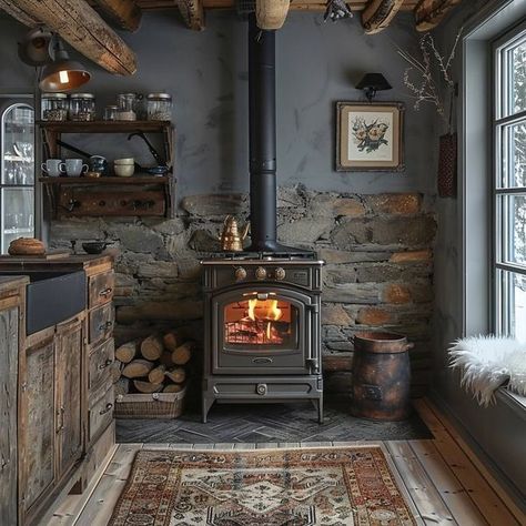 Off Grid Life Off Grid Cabin Interior, Wood Burning Stove Corner, Wood Stove Hearth, Wood Burning Stoves Living Room, Cabin Fireplace, Timber Frame House, Homestead House, Cottagecore Home, Wood Stove Fireplace