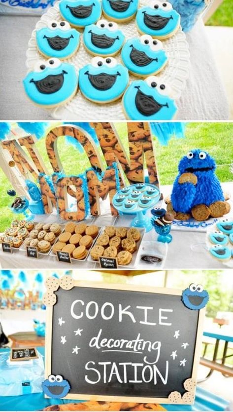 Cookie Monster/Seaseme Street party. Cookie Decorating Station, Cookie Monster Birthday Party, Cookie Monster Party, Cookie Monster Birthday, Sesame Street Birthday Party, Monster Birthday Parties, Cupcakes Decorados, Monster Theme, Elmo Birthday