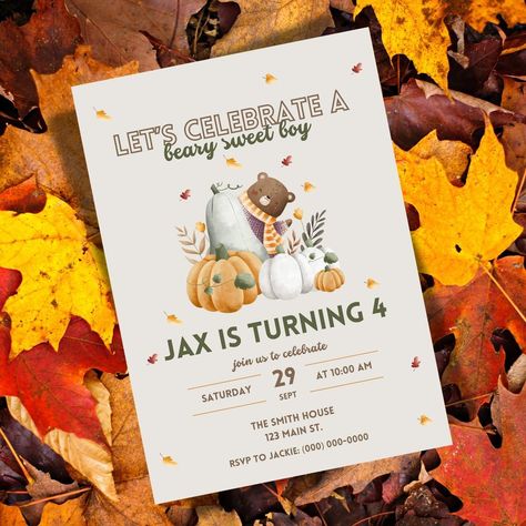 🍂 Celebrate Your Little One’s Special Day with a Beary Sweet Fall Birthday Invitation! 🍂 Is your child’s birthday just around the corner? Make it extra memorable with our adorable fall-themed invitation! Featuring a cozy bear nestled among pumpkins and autumn leaves, this invite is perfect for an autumn birthday bash. 🍁🎉 Personalize it with your child’s name, age, and party details, and watch the excitement grow as your guests receive this charming invitation! Whether you’re planning a cozy... First Birthday Theme Boy, Fall Birthday Invitations, Whimsical Fall, Autumn Birthday, 2nd Birthday Party For Boys, Fall Birthday Parties, First Birthday Themes, Sweet Birthday, Party Details