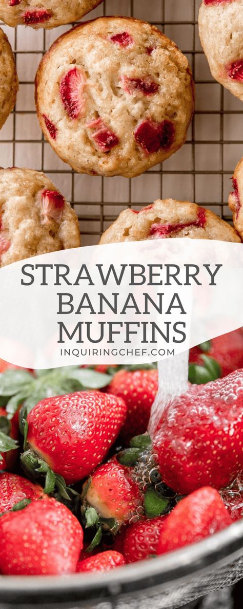 Tart strawberries add a fresh contrast to these Strawberry Banana Muffins that have the texture of a light, tender banana bread.  #muffins #strawberry #banana #easyrecipe #baking #snack #breakfast #kidfriendlyrecipe Banana Strawberry Muffins, Muffins Strawberry, Healthy Strawberry Recipes, Strawberry Muffins Healthy, Strawberry Banana Muffins, Strawberry Banana Bread, Banana Muffins Easy, Healthy Banana Muffins, Strawberry Breakfast