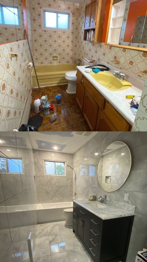 Bathroom Renovation With Tub, Small Modern Bathroom, Small Bathroom Renos, Modern Bathroom Renovations, Mobile Home Renovations, Bathroom Interior Design Modern, Tile Renovation, House Before And After, Small Bathroom Renovations