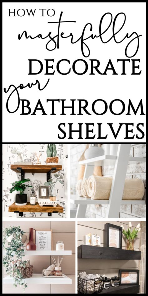 Are you looking for bathroom shelf ideas? Here’s the full rundown on how to determine what kind, where to place, and how decorate your shelves as well as tips for how to install them! The good news is that it’s doable for any homeowner, at any skill level. Keep reading for clever ways to incorporate bathroom shelving, decorating ideas, and how make them look amazing in current, trending styles! Decorating Bathroom Shelves, Bathroom Shelves Over Toilet, Bathroom Shelf Decor, Floating Shelves Bathroom, Decorating Bathroom, Design Bathroom, Up House, Modern Bathroom Decor, Diy Bathroom Decor