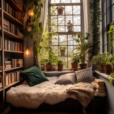 Window Bed Nook Aesthetic, Bay Window Reading Nook Cozy, Reading Corner With Window, Reading Room Ideas Small, Window Book Nook Ideas, Reading Bay Window, Small Window Room Ideas, Reading Corner House, Cottagecore Bay Window