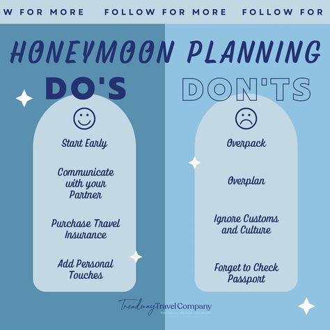 Planning Your Dream Honeymoon: Dos and Don’ts! Attention all lovebirds and honeymooners! Planning your dream honeymoon should be an exciting and stress-free experience, and as your trusted travel agents, we’re here to guide you every step of the way. Here are some essential Dos and Don’ts to ensure your honeymoon planning journey is as smooth as possible: DO: Start Early: Begin planning your honeymoon well in advance to secure the best deals and availability for accommodations and activi... Honeymoon Essentials, Honeymoon Tips, Honeymoon Night, Show Respect, Garden Party Theme, Dream Honeymoon, Honeymoon Planning, Honeymoon Ideas, Second Chances