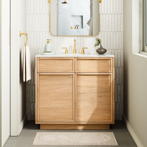 Hutchinson Single Bathroom Vanity (36") | West Elm West Elm Mid Century, Mid Century Vanity, Half Bath Remodel, 36" Vanity, Vanity Faucet, Plumbing Installation, Plywood Panels, Custom Vanity, Upstairs Bathrooms