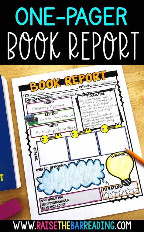 One Page Book Report (One Pager) Book Report Ideas Elementary, One Pager Ideas, Book Report Ideas, Reader Response, Writing Rubric, Teaching Third Grade, Writing Book, Teacher Boards, 5th Grade Classroom