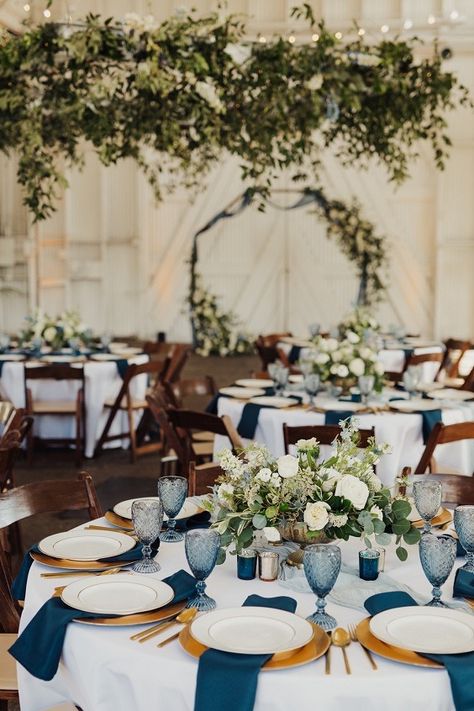 Navy And Dusty Blue Wedding Table Setting, Wedding Blue Reception, Blue Velvet Winter Wedding, Satin Blue Wedding Theme, Dinnerware Wedding Table Settings, Table Runner Circle Table Wedding, Blue Water Goblets Wedding, Blue And Green Wedding Table Settings, Dusty Blue White And Gold Wedding