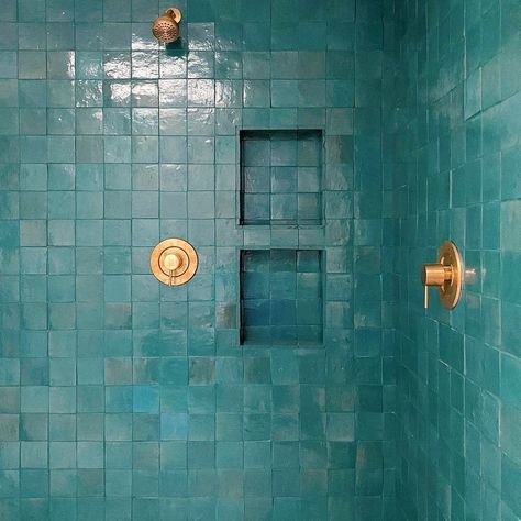 Zia Tile’s Instagram photo: “Aegean; a shimmering, brilliant blue that shades teal to turquoise to dark cyan. It’s as dynamic as the sea it was named for — and looks…” Zia Tile, Bathroom Redesign, Bathroom Renos, Dream Bathroom, House Bathroom, Bath Remodel, Home Reno, Guest Bathroom, Bathroom Makeover