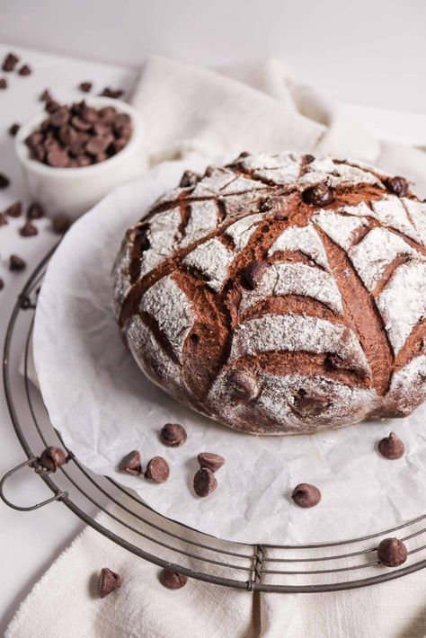 Double Chocolate Yeast Bread Great Bread Recipes, Chocolate Bread Loaf Yeast, Bread Yeast Recipes, Chocolate Dutch Oven Bread, Sweet Artisan Bread Recipes, Dutch Oven Sweet Bread Recipes, Chocolate Chip Dutch Oven Bread, Flavored Yeast Bread Recipes, Chocolate Artisan Bread